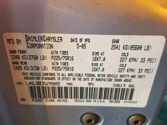 1J4GL38K35W709095 - 2005 JEEP LIBERTY RE SILVER photo 10