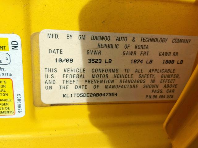 KL1TD5DE2AB047354 - 2010 CHEVROLET AVEO LS YELLOW photo 10