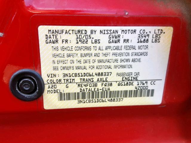 3N1CB51D06L488337 - 2006 NISSAN SENTRA 1.8 RED photo 10
