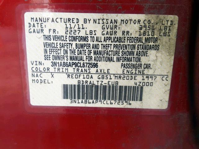 3N1AB6AP9CL672596 - 2012 NISSAN SENTRA 2.0 RED photo 10