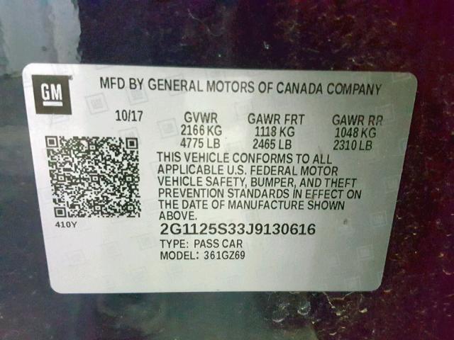 2G1125S33J9130616 - 2018 CHEVROLET IMPALA PRE BLUE photo 10