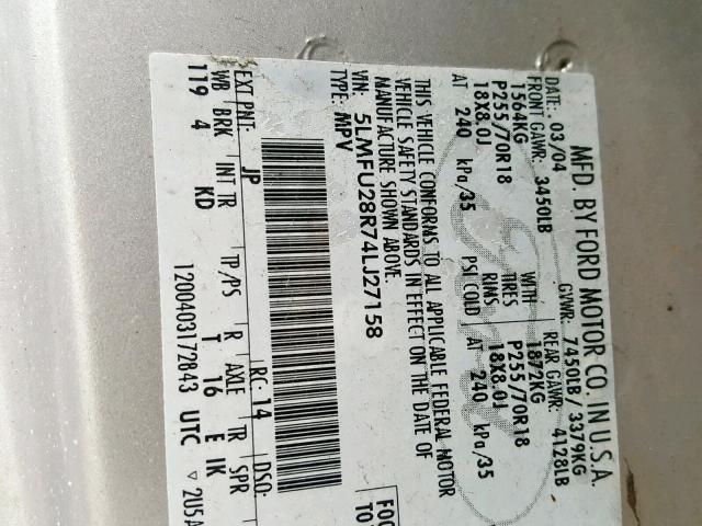 5LMFU28R74LJ27158 - 2004 LINCOLN NAVIGATOR GRAY photo 10