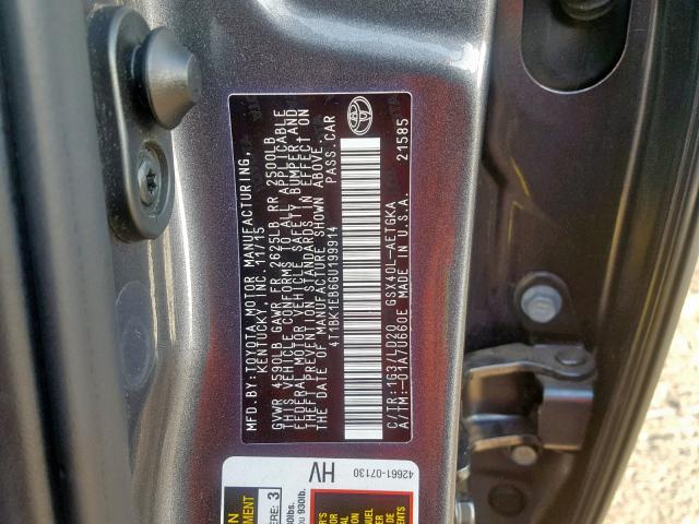 4T1BK1EB6GU199914 - 2016 TOYOTA AVALON XLE GRAY photo 10