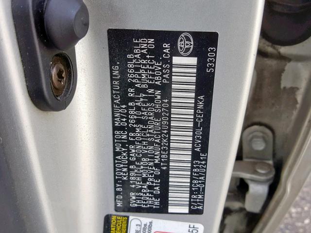 4T1BE32K24U902704 - 2004 TOYOTA CAMRY LE SILVER photo 10