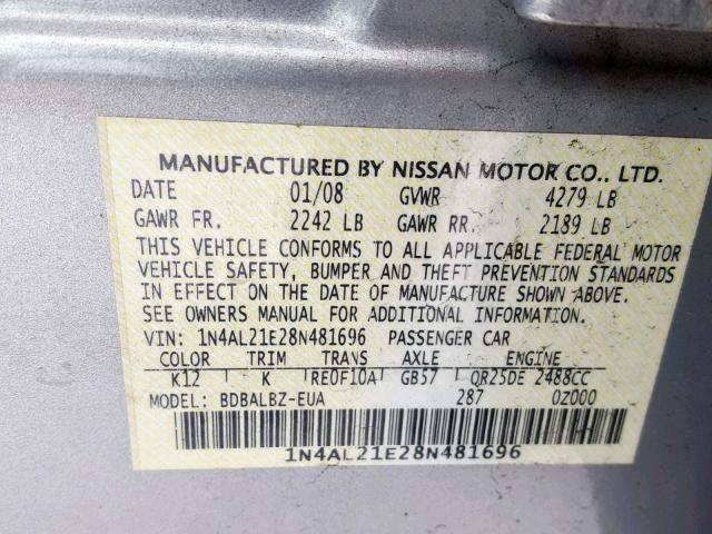 1N4AL21E28N481696 - 2008 NISSAN ALTIMA 2.5 SILVER photo 10