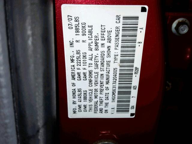 1HGCM56317A204005 - 2007 HONDA ACCORD SE Бордовый фото 10
