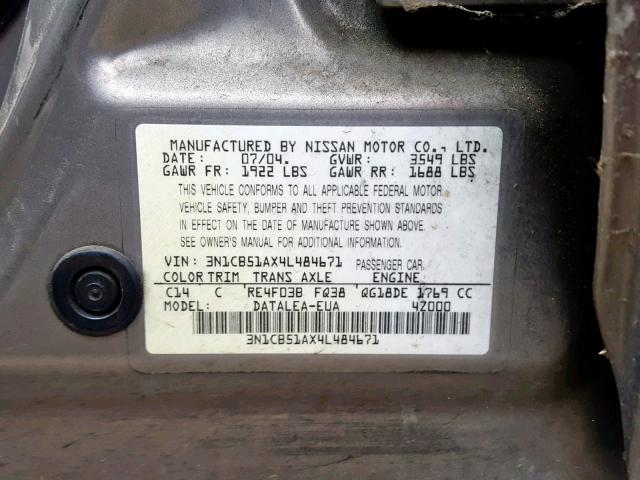 3N1CB51AX4L484671 - 2004 NISSAN SENTRA 1.8 BEIGE photo 10