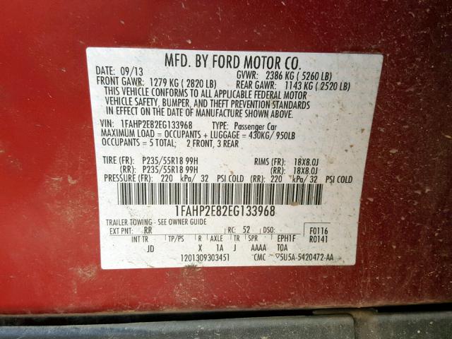 1FAHP2E82EG133968 - 2014 FORD TAURUS SEL RED photo 10