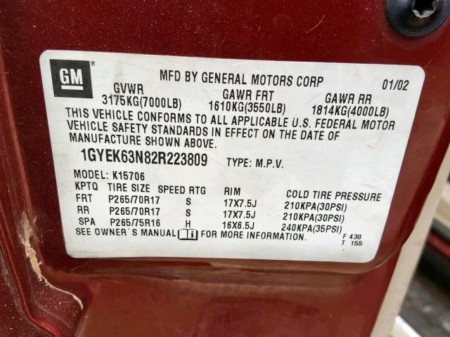 1GYEK63N82R223809 - 2002 CADILLAC ESCALADE L BURGUNDY photo 10