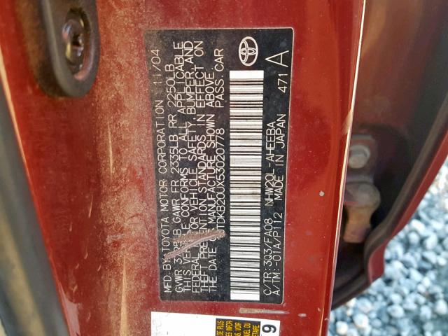 JTDKB20UX53020778 - 2005 TOYOTA PRIUS RED photo 10