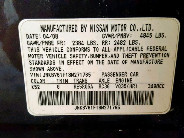 JNKBV61F18M271765 - 2008 INFINITI G35 BLUE photo 10