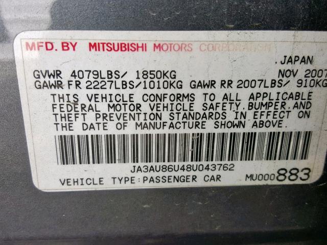 JA3AU86U48U043762 - 2008 MITSUBISHI LANCER GTS GRAY photo 10