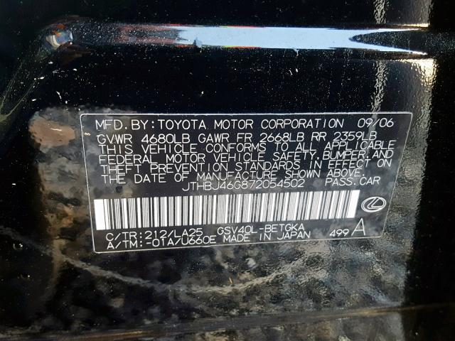 JTHBJ46G872054502 - 2007 LEXUS ES 350 黑色 照片 10