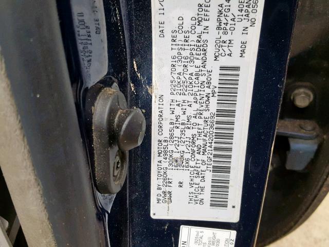 JTEGF21A420036692 - 2002 TOYOTA HIGHLANDER ლურჯი ფოტო 10