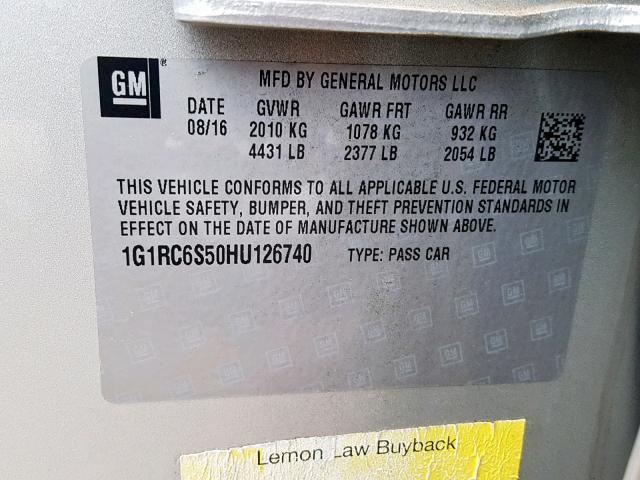 1G1RC6S50HU126740 - 2017 CHEVROLET VOLT LT GRAY photo 10