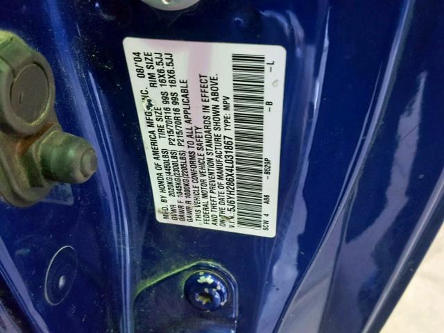 5J6YH286X4L031867 - 2004 HONDA ELEMENT EX BLUE photo 10