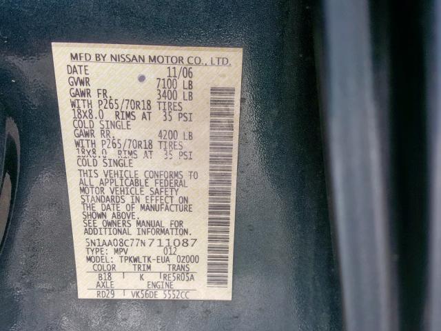 5N1AA08C77N711087 - 2007 NISSAN ARMADA SE GREEN photo 10