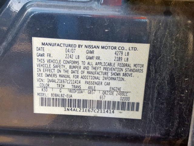 1N4AL21E67C211414 - 2007 NISSAN ALTIMA 2.5 GRAY photo 10