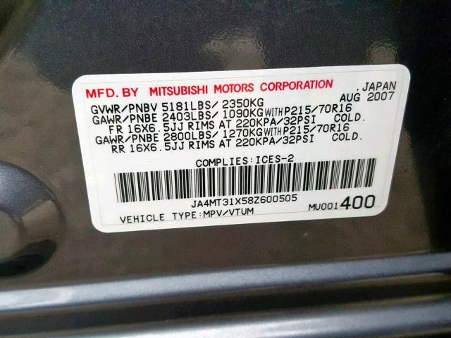 JA4MT31X58Z600505 - 2008 MITSUBISHI OUTLANDER GRAY photo 10