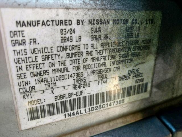 1N4AL11D25C147385 - 2005 NISSAN ALTIMA S SILVER photo 10