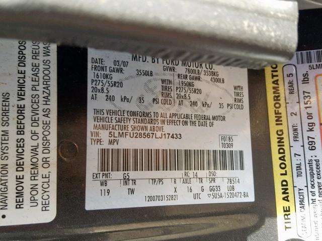 5LMFU28567LJ17433 - 2007 LINCOLN NAVIGATOR 黑色 照片 10