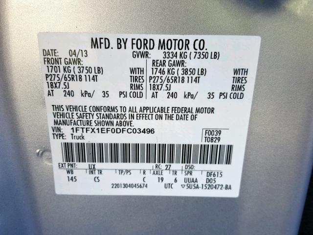 1FTFX1EF0DFC03496 - 2013 FORD F150 SUPER SILVER photo 10