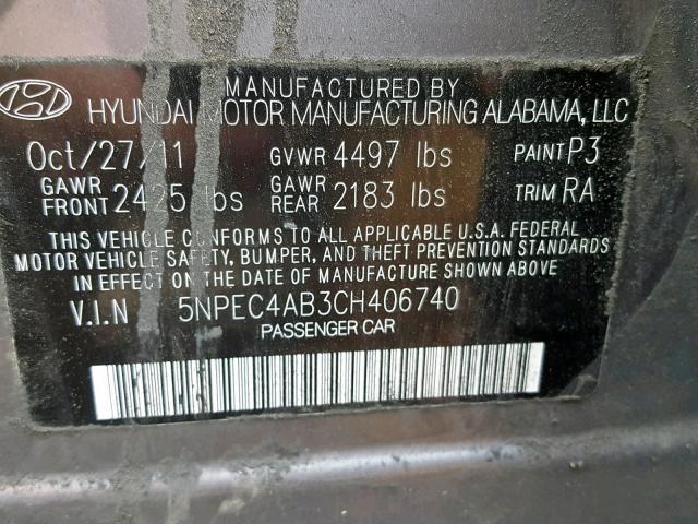 5NPEC4AB3CH406740 - 2012 HYUNDAI SONATA SE GRAY photo 10