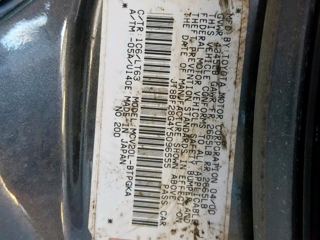 JT8BF28G4Y5096555 - 2000 LEXUS ES 300 GRAY photo 10