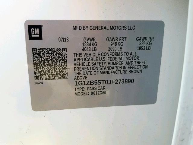 1G1ZB5ST0JF273890 - 2018 CHEVROLET MALIBU LS WHITE photo 10