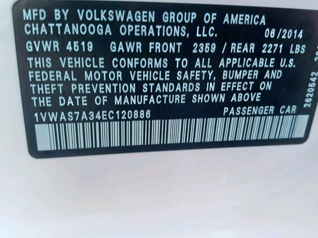 1VWAS7A34EC120886 - 2014 VOLKSWAGEN PASSAT S WHITE photo 10