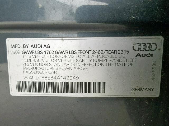 WAULC68E84A142049 - 2004 AUDI A4 1.8T QU GRAY photo 10