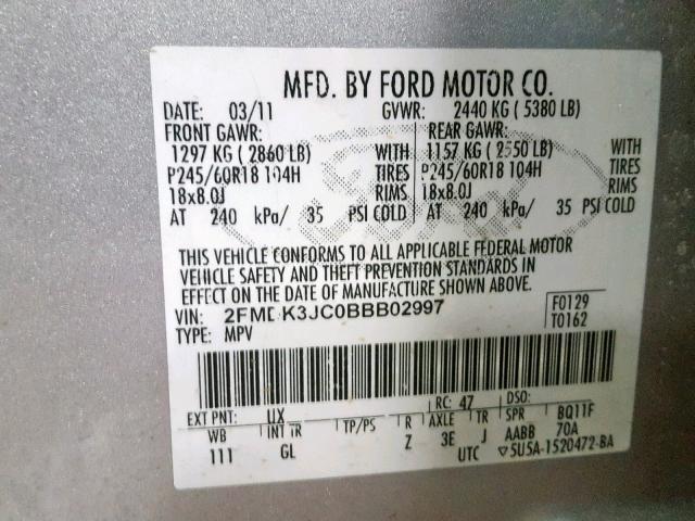 2FMDK3JC0BBB02997 - 2011 FORD EDGE SEL SILVER photo 10