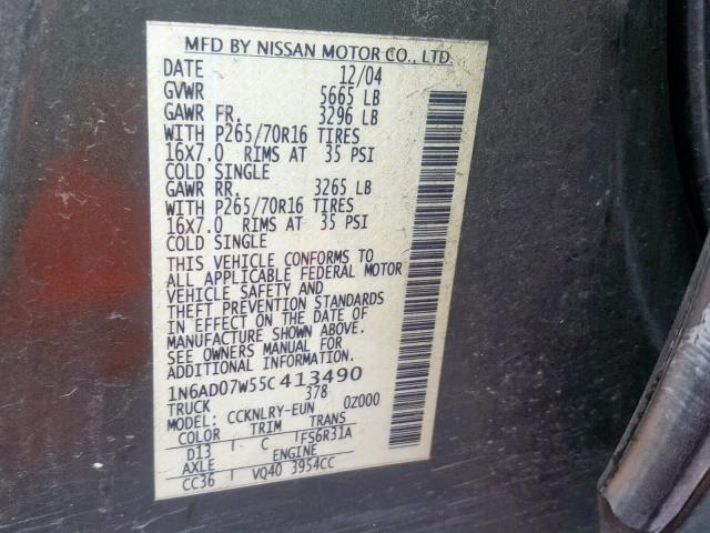 1N6AD07W55C413490 - 2005 NISSAN FRONTIER C 绿色 照片 10