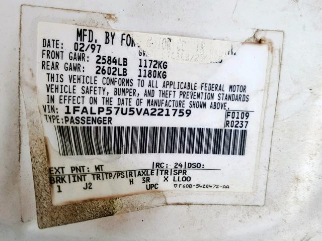 1FALP57U5VA221759 - 1997 FORD TAURUS GL WHITE photo 10