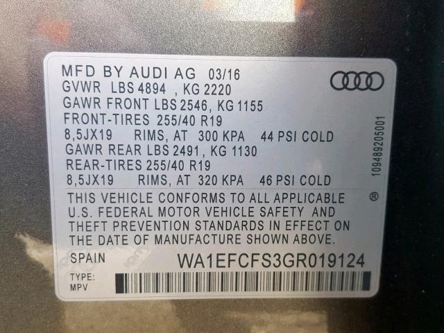WA1EFCFS3GR019124 - 2016 AUDI Q3 PREMIUM 灰色 照片 10