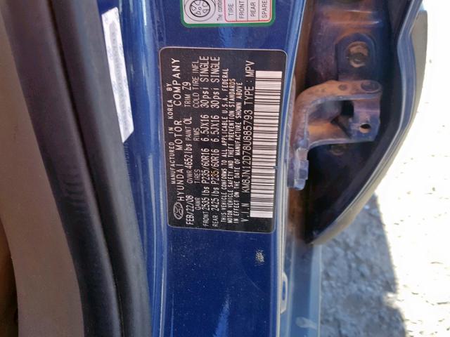 KM8JN12D78U885793 - 2008 HYUNDAI TUCSON SE BLUE photo 10