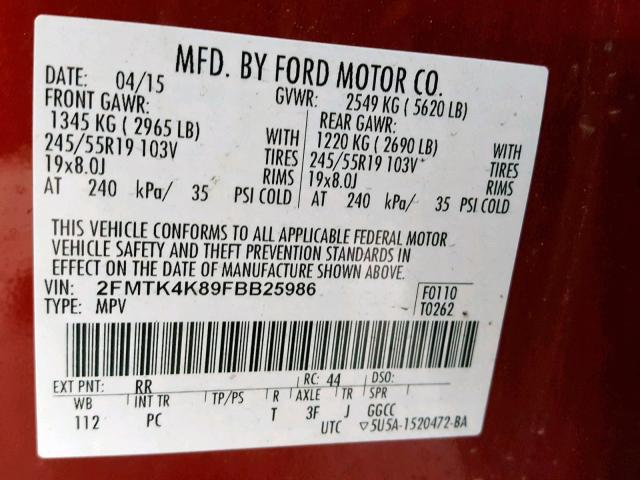 2FMTK4K89FBB25986 - 2015 FORD EDGE TITAN RED photo 10