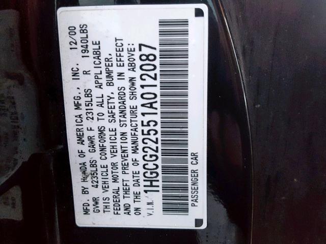 1HGCG22551A012087 - 2001 HONDA ACCORD EX BLACK photo 10