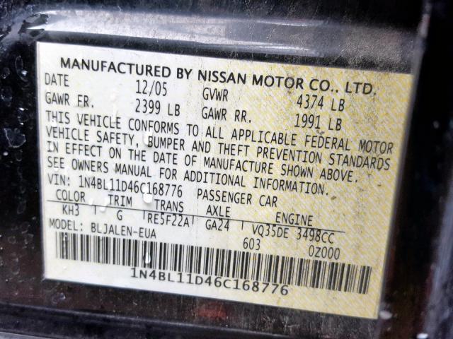 1N4BL11D46C168776 - 2006 NISSAN ALTIMA SE BLACK photo 10