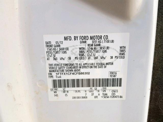 1FTFX1CF4CFB86302 - 2012 FORD F150 SUPER WHITE photo 10