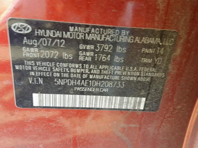 5NPDH4AE1DH208733 - 2013 HYUNDAI ELANTRA GL ბურგუნდია ფოტო 10