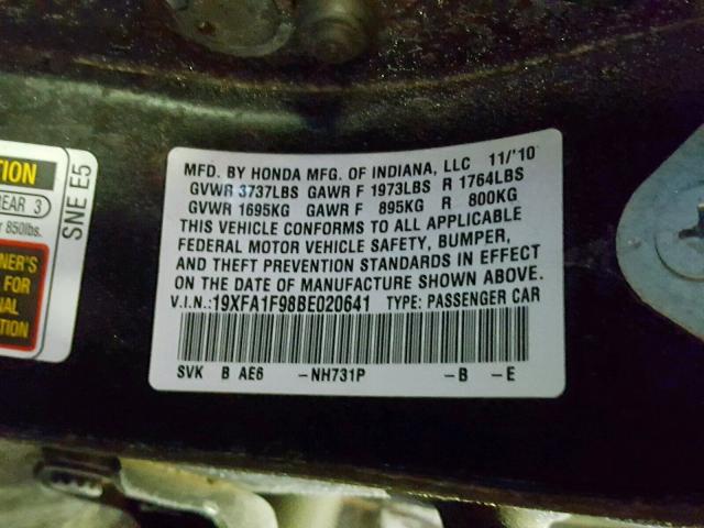 19XFA1F98BE020641 - 2011 HONDA CIVIC EXL BLACK photo 10