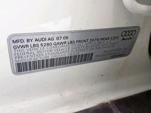 WAUDG74F96N042745 - 2006 AUDI A6 3.2 QUA WHITE photo 10