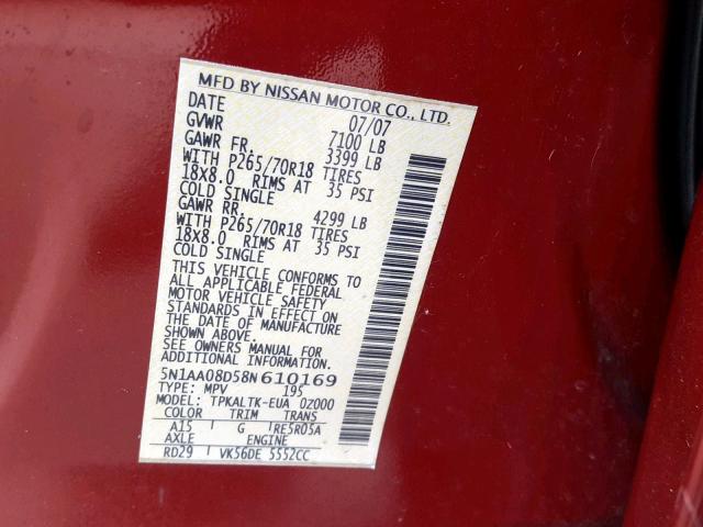 5N1AA08D58N610169 - 2008 NISSAN ARMADA SE RED photo 10