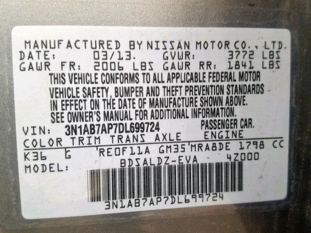 3N1AB7AP7DL699724 - 2013 NISSAN SENTRA S 灰色 照片 10