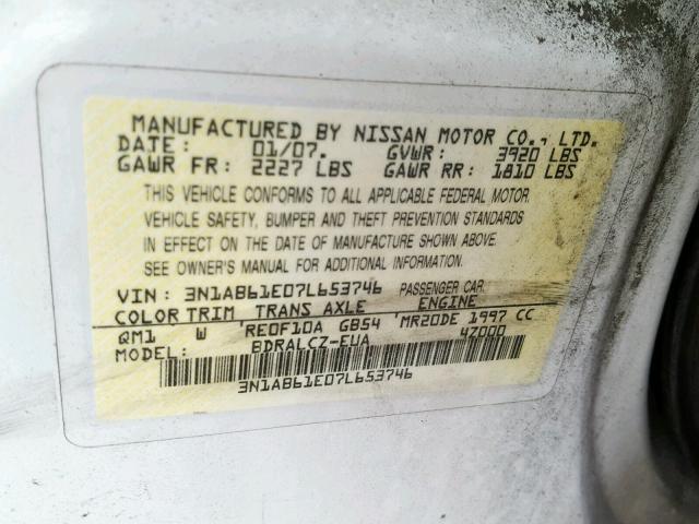 3N1AB61E07L653746 - 2007 NISSAN SENTRA 2.0 WHITE photo 10