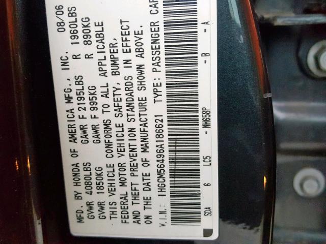 1HGCM56496A186621 - 2006 HONDA ACCORD LX Boz foto 10