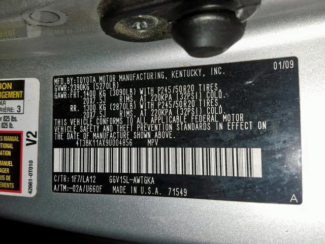 4T3BK11AX9U004856 - 2009 TOYOTA VENZA 银色 照片 10