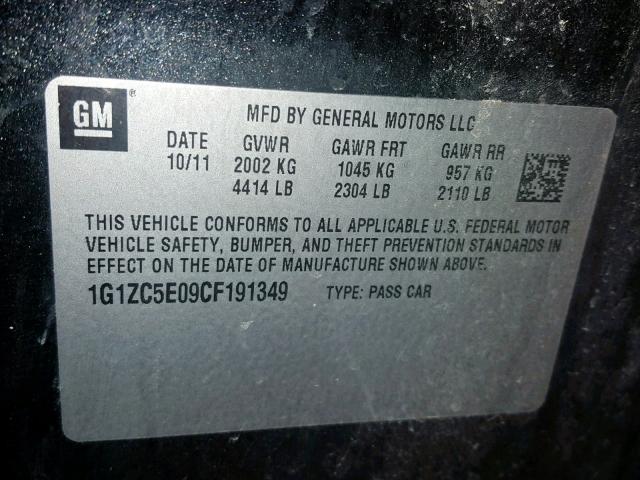 1G1ZC5E09CF191349 - 2012 CHEVROLET MALIBU 1LT BLACK photo 10