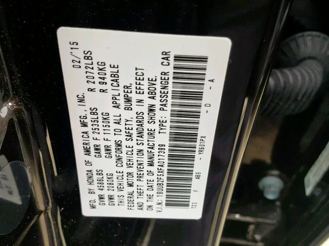 19UUB2F5XFA017399 - 2015 ACURA TLX TECH შავი ფოტო 10